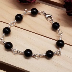 Handmade Silver Tone Black Bead Bracelet